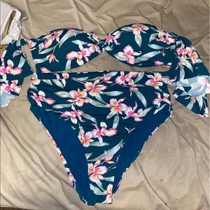 Blue Floral Two Piece Swimsuit Set